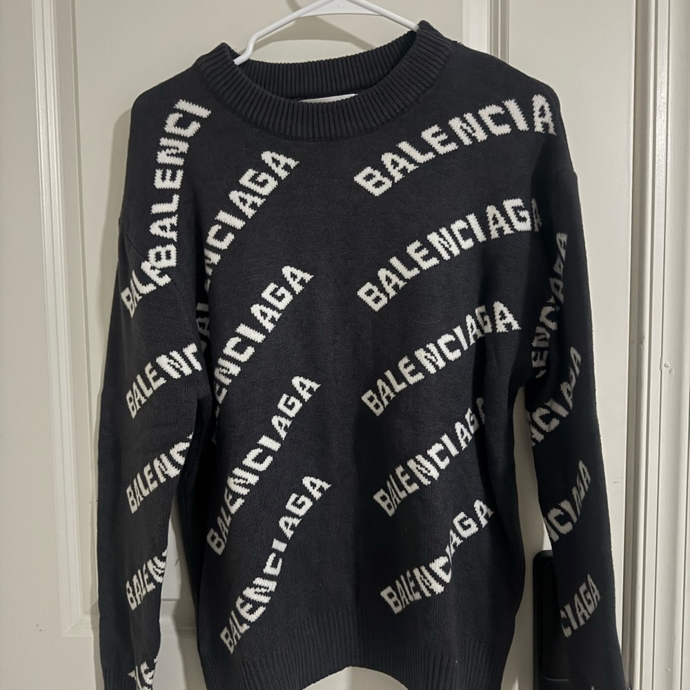 Balenciaga Black Crewneck Sweater with White Logo Pattern
